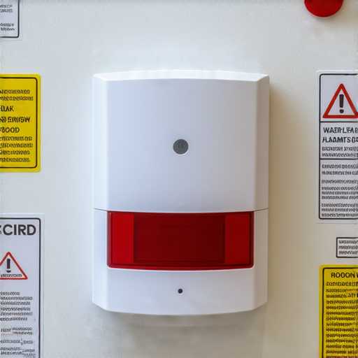 漏水警報器裝置顯示在家庭環境中，周圍有水災警示標誌，強調其防護重要性，提醒民眾及時採取行動以保護家園，避免水災損害。