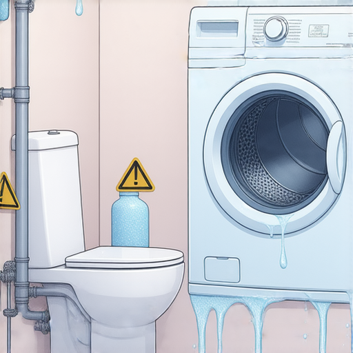 馬桶與洗衣機入水喉的漏水隱患，顯示水管接頭處現漏水情況，提醒家庭注意維護，避免水災及損失，定期檢查水管與設備連接，確保安全。