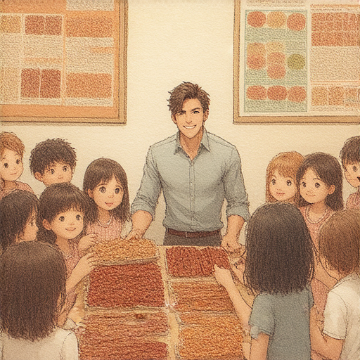 外籍英文老師在課堂上講解肉干的美味與文化，學生們興致勃勃地品嚐各種肉干，體驗中西文化交融的瞬間，探索傳統與創新的風味。