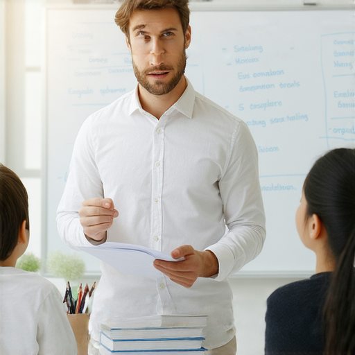 外籍老師與學生一對一教學場景，學生專注學習英文，白板上有單字和語法示範。探索語言潛能，破解紅潮的秘密，提升英文能力。