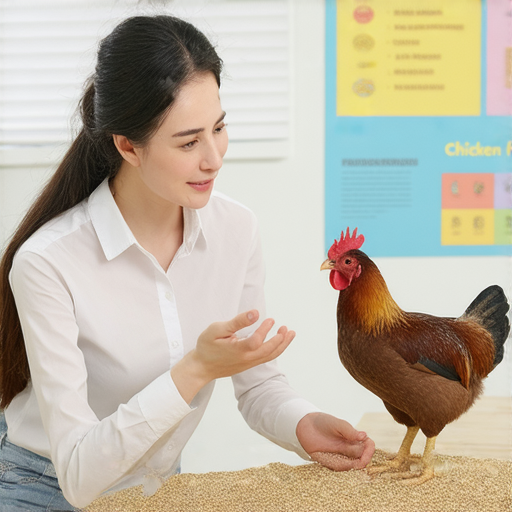 母雞與外籍老師互動，展示雞隻養殖技巧，背景為教學環境，文字說明提及用英文學習養雞，強調即時預約體驗，提升學習興趣。
