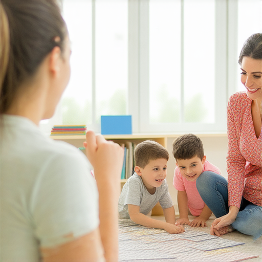 外籍英文老師在陽光明媚的教室中與學生一對一進行教學，互動熱烈，學習氣氛輕鬆愉快，讓陰天的情緒變得充滿光彩，促進語言學習的樂趣和效果。