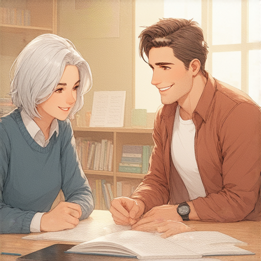 探索銀色英文的外籍老師一對一教學場景，學生自信流利地與老師互動，展現學習效果，背後有學習資源和輕鬆氛圍，代表著即時體驗與提升英語能力的機會。