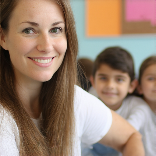 外籍老師教學生用長髮魅力自信交流的場景，學生展現自然風采，積極參與英語學習，背景為教室環境，強調學好英文的氛圍和外籍教師的親和力。