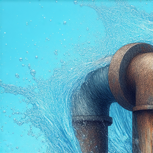 水管爆裂現象的示意圖，展示爆裂水管中噴出的水流，並強調常見原因如老化、氣溫變化等，提醒觀眾了解維護方法以避免災難發生。