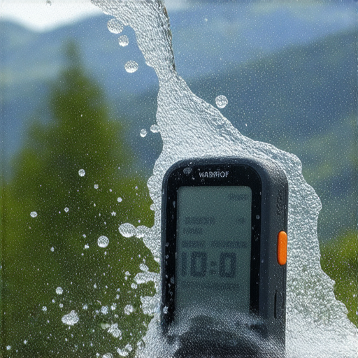 防水架掣展示在戶外環境，周圍水滴四濺，顯示其卓越的防水技術，吸引觀眾注意，體現產品的創新和實用性，適合各類戶外活動。