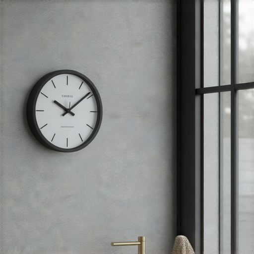 防水掛鐘懸掛於浴室牆壁，展現現代設計與實用功能，提升浴室魅力，顏色與裝飾完美搭配，為淋浴空間增添時尚感，讓時間管理更方便。