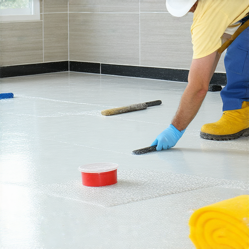 衛生間防水施工過程，展示專業工人使用防水材料進行施工，確保衛生間不再漏水。強調防水技術的重要性及正確做法，讓家庭更安心。