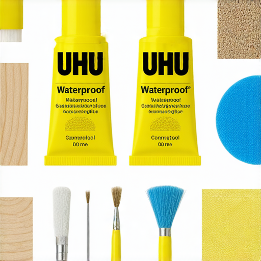 UHU防水膠水瓶及修繕工具的擺放場景，強調防水效果和持久修補功能，展示其應用於各種材料的便利性，適合家庭修繕需求。