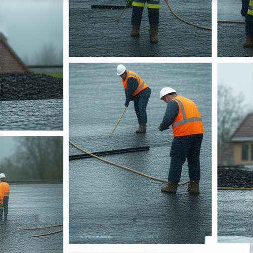 雨天防水工程過程，工人專注施工，使用防水材料，確保家庭乾燥安全，背景是陰雲密佈的天氣，展示專業技術，提升防水性能，守護家居環境。