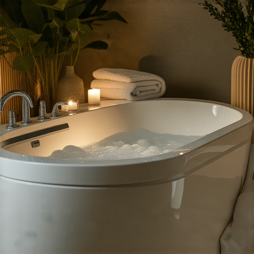 防水邊浴缸展現奢華水療體驗，浴缸內含泡泡功能，柔和的燈光襯托出溫馨氛圍，讓您在家中享受舒適放鬆的時光，無需外出。