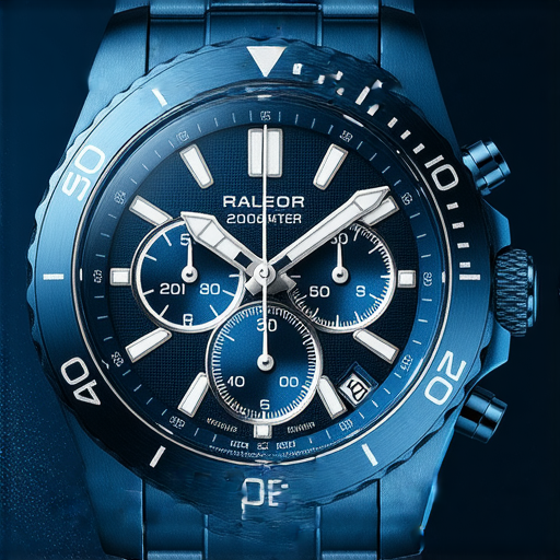 潛入深藍的防水手錶特寫圖，顯示200米防水功能，搭配多重計時與潛水專用設計，展現戶外冒險的完美伴侶，令人驚豔的秘密功能隱藏於此。