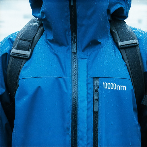防水10000mm的外套在雨中保護使用者，展示其優良的防水性能，雨水在表面形成水珠，畫面透露出戶外活動的安心感，適合喜愛冒險的人士。