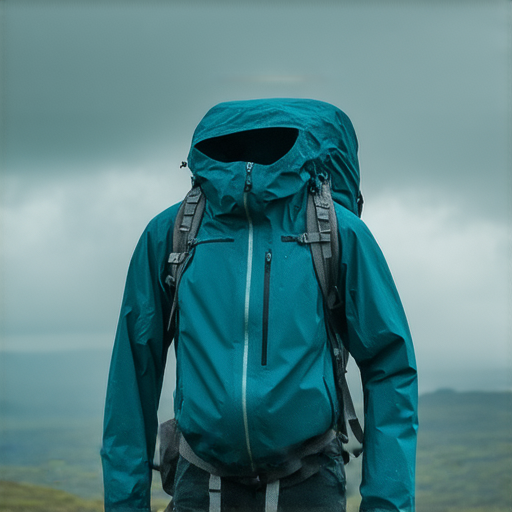 透氣防水的戶外裝備展示，強調其在各種天氣下的性能，戶外探險者在多雲的天空下自由活動，探索自然，體驗全新天地，無懼惡劣天氣。