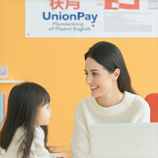 一位外籍老師正在與學生進行一對一的英語學習，背景顯示銀聯優惠的促銷信息，強調流利英文的解鎖與學習效果。