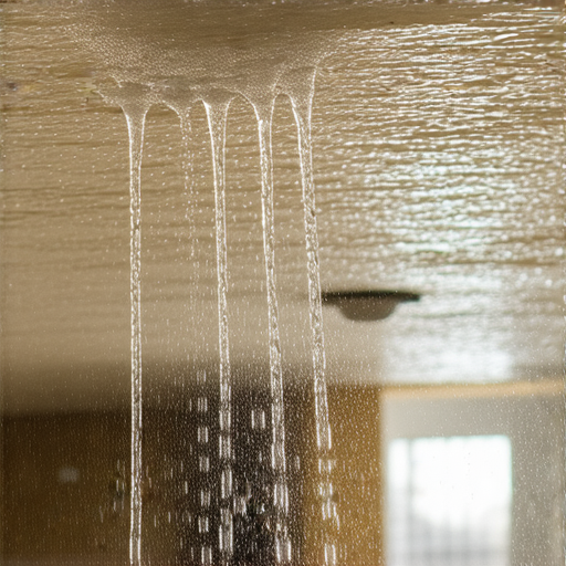 天花板滴水現象，水珠從天花板上滴落，顯示出潛在的水管漏水問題，強調需立即檢查與修理的緊迫性，避免進一步損害。