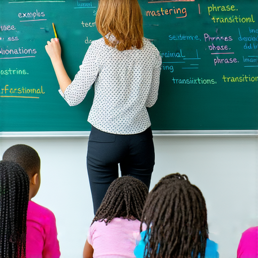 外籍老師授課場景，學生專注於學習轉折句的技巧，黑板上有英文例句和示範，營造生動的學習氛圍，強調精通英文的重要性，吸引更多學習者參與。