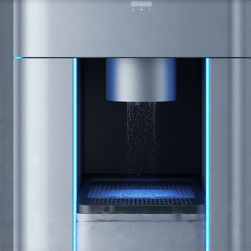 一個現代化的防滴水機正運行中，水珠在機器外殼上滑落，周圍環境乾燥整潔，展示其防護效果，讓生活更輕鬆的科技產品。