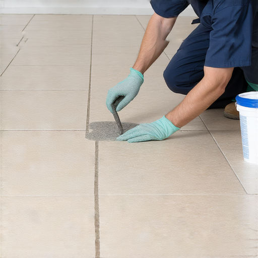 磚地板縫隙漏水問題的解決方案，展示專業人員檢查磚地板，並使用密封劑進行修補，強調維護地面乾燥與安全的重要性，解決滲水困擾的技巧與方法。