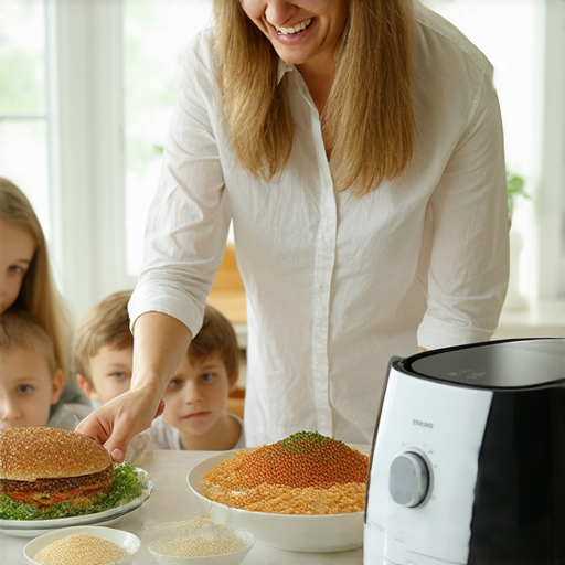 一位外籍老師與學生互動，專注學習英語，桌上擺放新型空气炸锅，展示美味料理，呼應「探索空气炸锅的魅力」主題，吸引學員立即報名體驗英語課程。