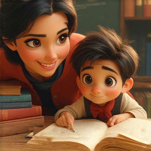 外籍老師與學生一對一教學，學習皮諾丘故事的英文魅力，學生專心聆聽，桌上有書籍與文具，展現全沉浸式學習體驗。