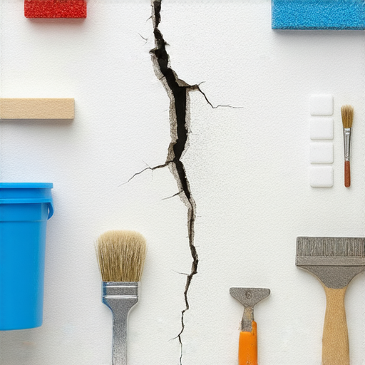 滲水牆壁裂縫問題的示意圖，展示修補過程及材料，強調如何徹底解決裂縫，以保護家庭居住環境安全和美觀