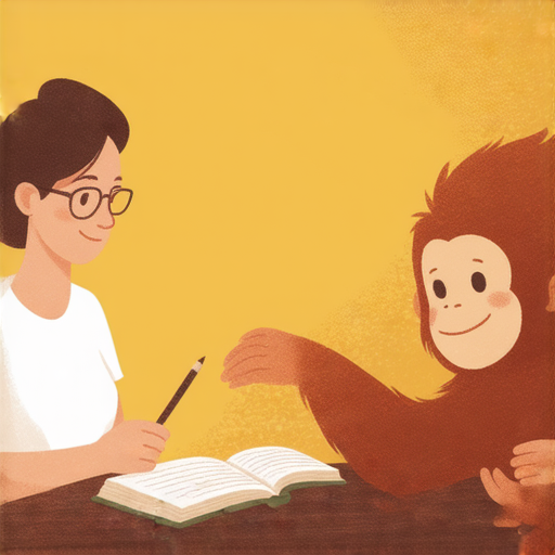 外籍老師與學生進行一對一的英語學習，背景展示紅毛猩猩的圖像，強調發現紅毛猩猩的秘密，提升語言技巧，吸引更多學員參加課程。