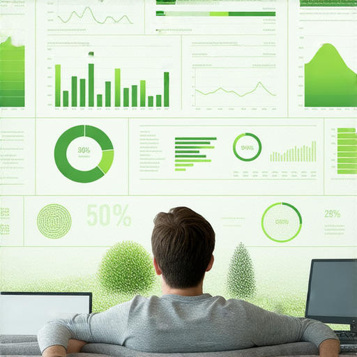 一位居家人士專注於節省水電煤開支，旁邊展示著數據圖表和節能設備，呈現如何有效省下50%的生活開支，達到智慧生活的目標。