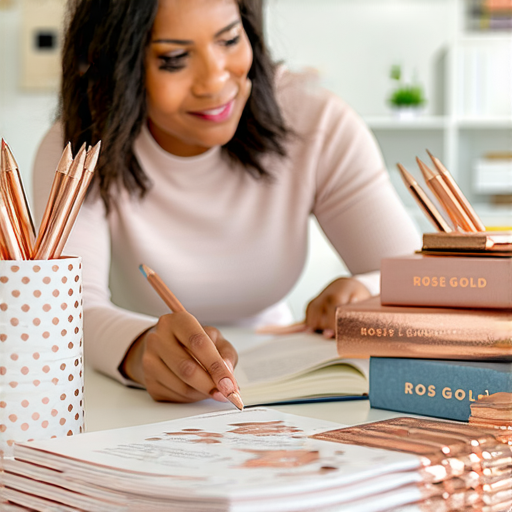 外籍英文老師與學生互動學習英語，桌上有玫瑰金色的文具和書籍，展示出美學與學習的結合，強調提升英語技巧與發現玫瑰金的魅力。