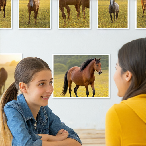 馬的英文學習課程圖片，展示學生與外籍老師一對一互動，畫面中有馬的圖片作為學習主題，強調英語學習和文化交流的重要性，提升學習動機。