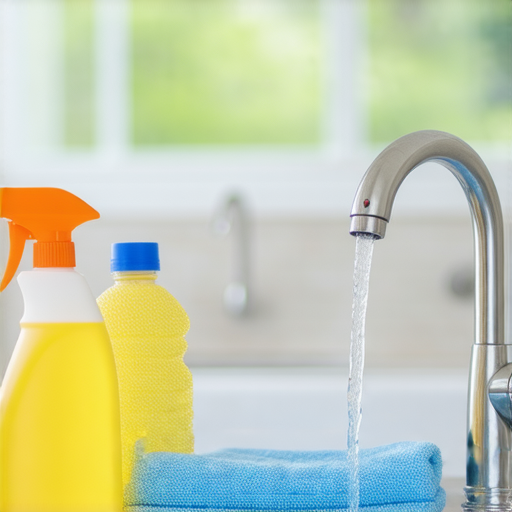 水龍頭清洗過程的示範圖，展示使用簡單的方法提升水質，清洗工具和清潔劑並排放在旁，背景為明亮的廚房環境，讓家庭更健康的生活空間。