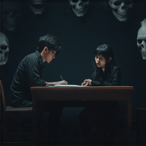 外籍英文老師與學生進行一對一學習，背景是恐怖主題的鬼面罩，探索恐怖故事的真相，揭開鬼面罩的秘密，立即報名參加課程。