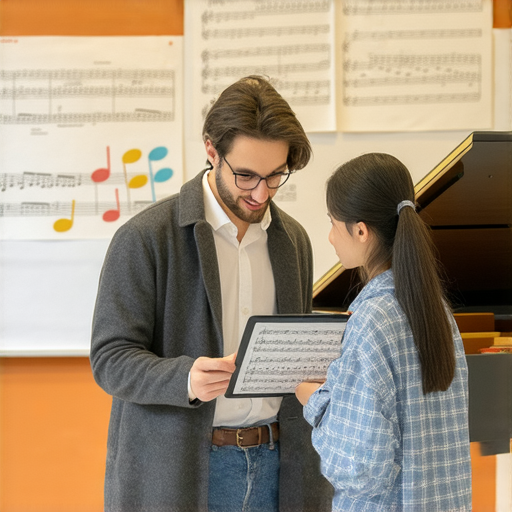 解鎖英文簡譜的秘密的教學場景，外籍老師一對一指導學生，強調專業教學服務，提升音樂學習效果，讓學生能夠更輕鬆掌握音樂理論與簡譜知識。