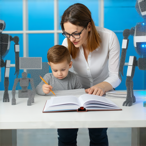 一位外籍老師與學生進行一對一的機械與機器人英語教學，桌上擺放著相關書籍和教材，背景中可以看到機器人模型和科技設備，展現探索學習的氛圍。