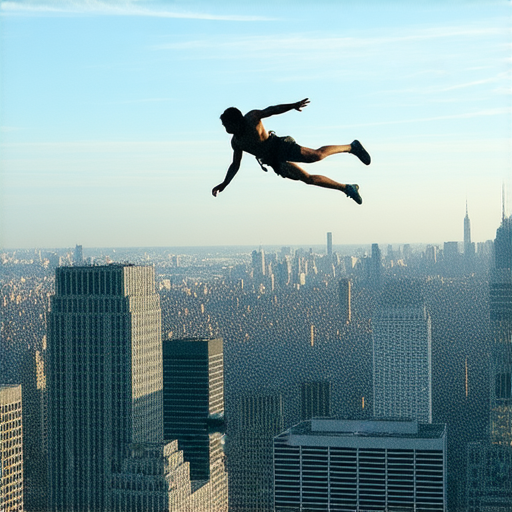 一名勇敢的挑戰者在高空跳躍，展現出驚險的跳大掣過程，背景是壯觀的城市景觀，讓人心跳加速，充滿緊張的氛圍，體現跳大掣的 thrill 感。