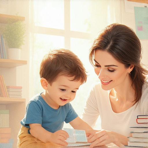 母親與孩子在進行一對一外籍英文教學，場景中充滿了愛和互動，展示了母親如何透過愛語幫助孩子提升英語水平，彰顯學習英語的重要性。