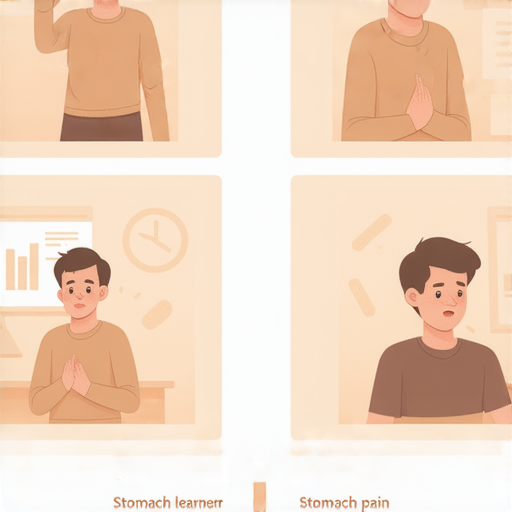 肚子痛時可以用英文表達的圖示，幫助學習者與外籍老師進行一對一指導，提升英語溝通能力，助你輕鬆描述身體不適，學好日常對話技巧。