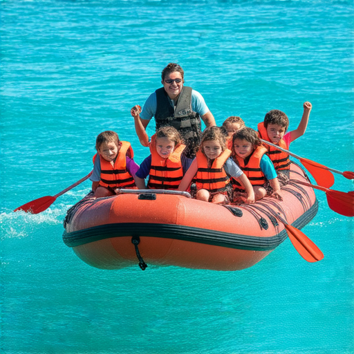 外籍英文老師帶領學生在橡皮艇上探索海洋世界，享受陽光與清澈海水，展現海洋活動的樂趣與學習機會，讓學生體驗橡皮艇的魅力。