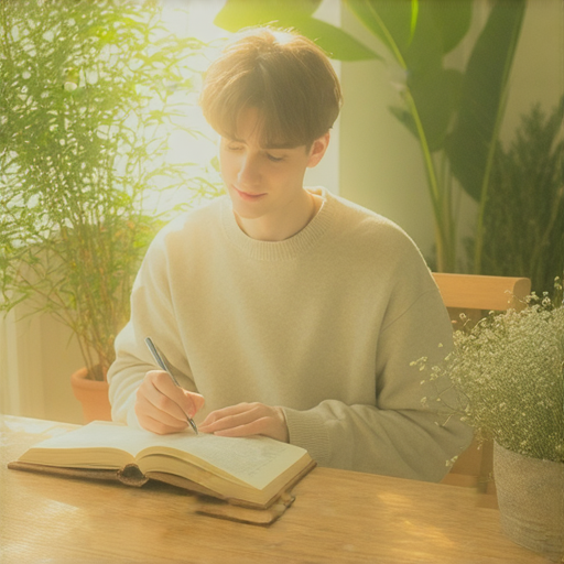 一位專注的年輕人坐在桌前，正在寫日記，表情專注且充滿希望，周圍環境清新自然，展示出簡單習慣對人生重大改變的積極影響。