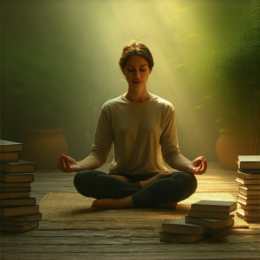 一個人在安靜的房間裡進行冥想，環境柔和舒適，周圍有書籍與植物，代表著改變人生的不起眼習慣，展現內心的平靜與成長。