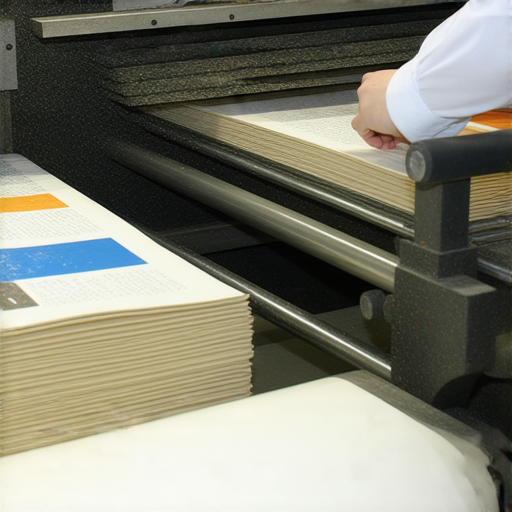 書本印刷過程中，工人操作印刷機，展示了印刷技術的進步與細節，書頁堆疊整齊，彰顯出印刷的秘密與專業技巧，探索印刷背後的故事。