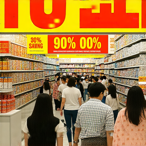 驚爆批發市場最低價格，一次進貨省翻倍，促銷活動，吸引顧客搶購多種商品，顯示特價標籤和豐富產品，提升購物優惠感受。