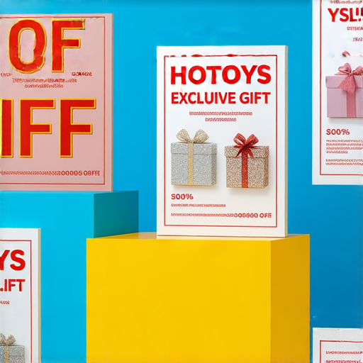限時優惠活動，展示HOTTOYS、YSL等品牌的產品與專屬贈品，吸引消費者選購，享受超值折扣與精美贈品，促銷標題醒目，引發購買欲望。