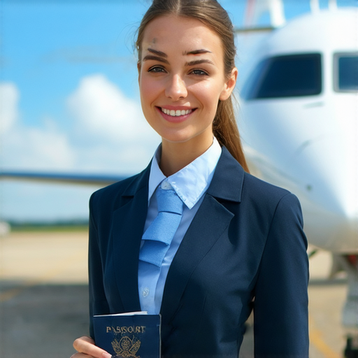 一名女性空服員微笑著站在飛機旁，手持護照，背景為藍天和白雲，旁邊有外籍老師正在指導一對一英文課程，傳遞報名開啟飛行夢的理念。