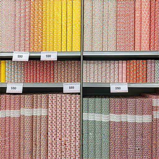 在商店內展示各種顏色和款式的包裝紙，旁邊擺放著價格標籤，傳達找到最便宜的包裝紙的購買秘訣，讓消費者驚喜不已。