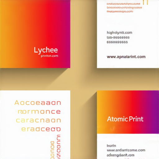 展示一張名片設計的圖片，名片色彩鮮明如荔枝，標示原子印的獨特印刷技術，呈現出引人注目的視覺效果，突顯品牌形象和個人風格，打造獨特印象。