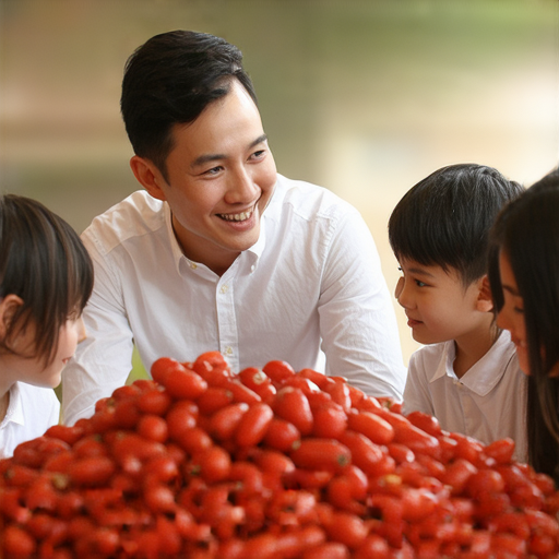 外籍英文老師與學生在學習場景中互動，桌上擺放紅棗，象徵著流利對話的秘訣，學習旅程即將展開，展現跨文化交流的重要性。