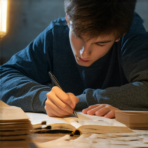 一位學生專注於撰寫文章，桌上有筆記本和筆，畫面展現出思考的過程，象徵著簡單的文章如何改變生活觀點，探索內心秘密的重要性。