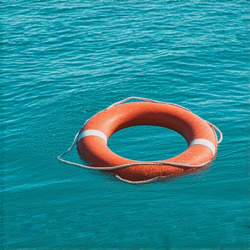 救生圈漂浮在水面上，周圍有波浪輕輕拍打，象徵著救生圈的關鍵作用，拯救每一位溺水者的生命，揭示其背後的秘密與重要性。