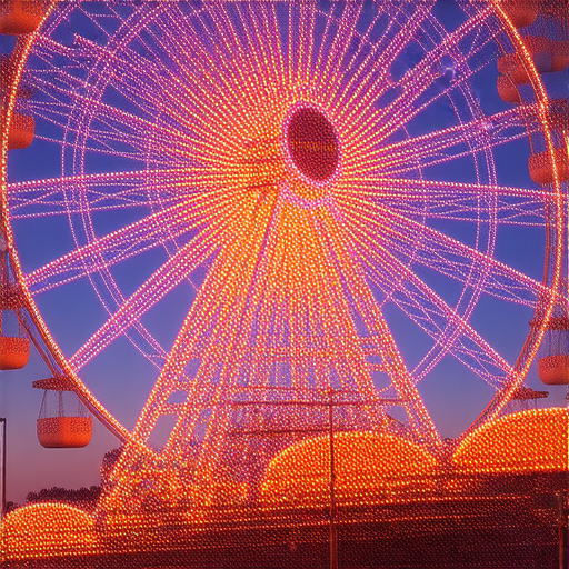 摩天輪的壯觀景象，五彩繽紛的燈光閃耀，吸引人們重拾童年夢想，探索摩天輪的秘密與魅力，讓遊客陶醉於高空視野的美麗景觀。